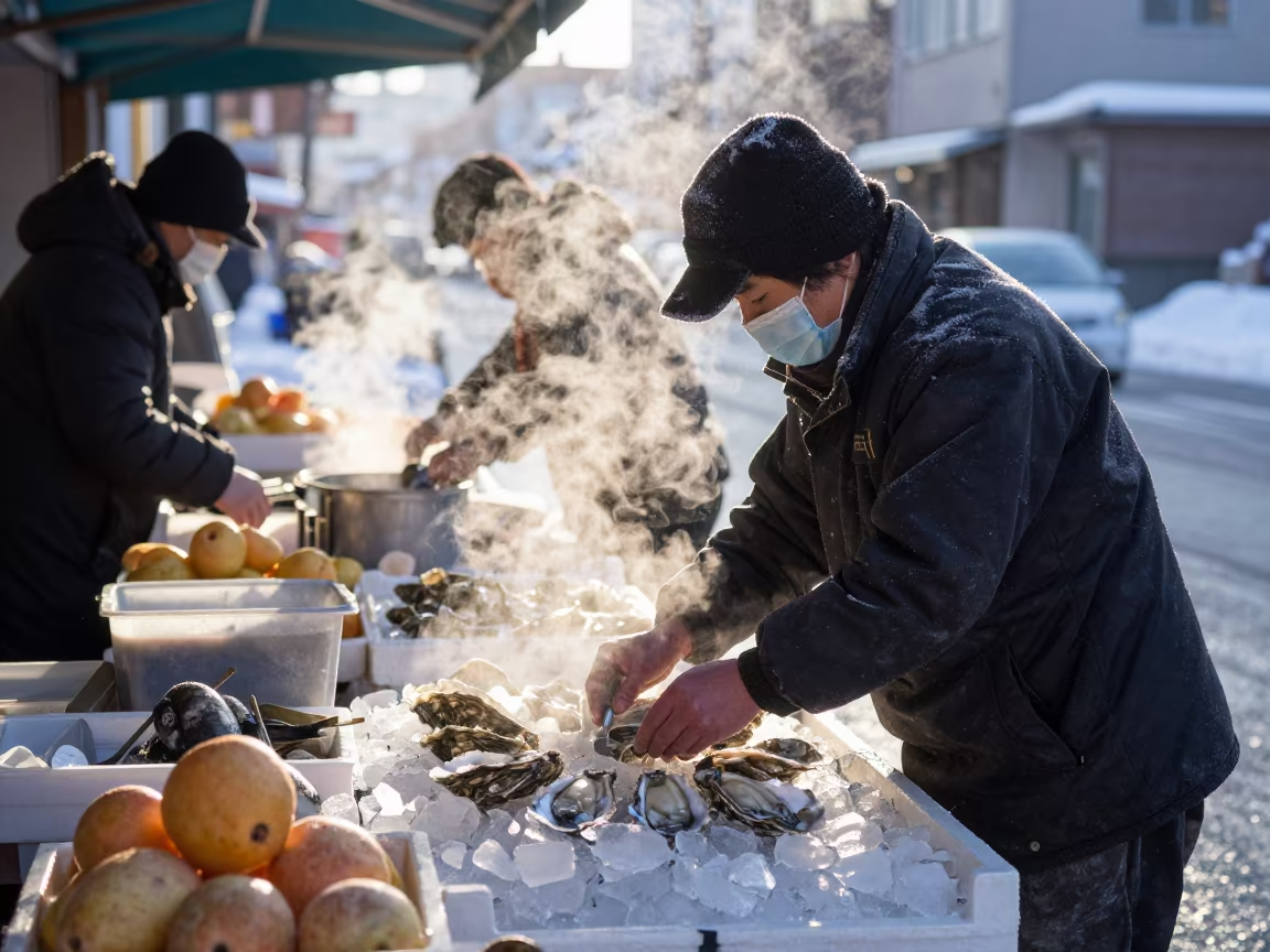 Sapporo Oyster Vendor Dawn Winter Market in at a roadside fruit stand in Sapporo