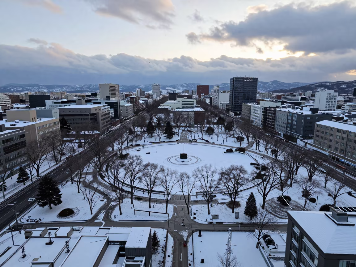 Sapporo Park Aerial View Snow Thaw Dawn in high above patterned rooftops near Sapporo
