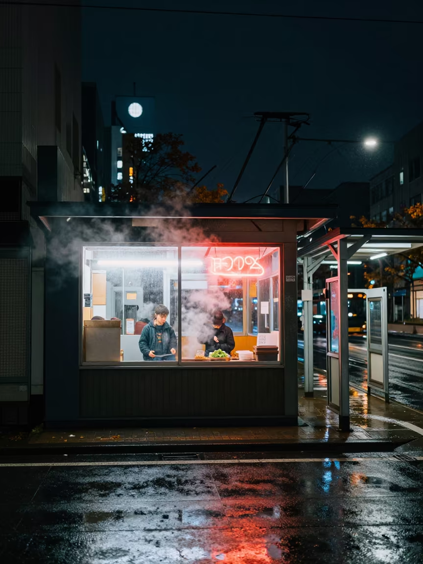 Sapporo Pho Steam Night Rain Tram Stop in at a tram stop in Sapporo