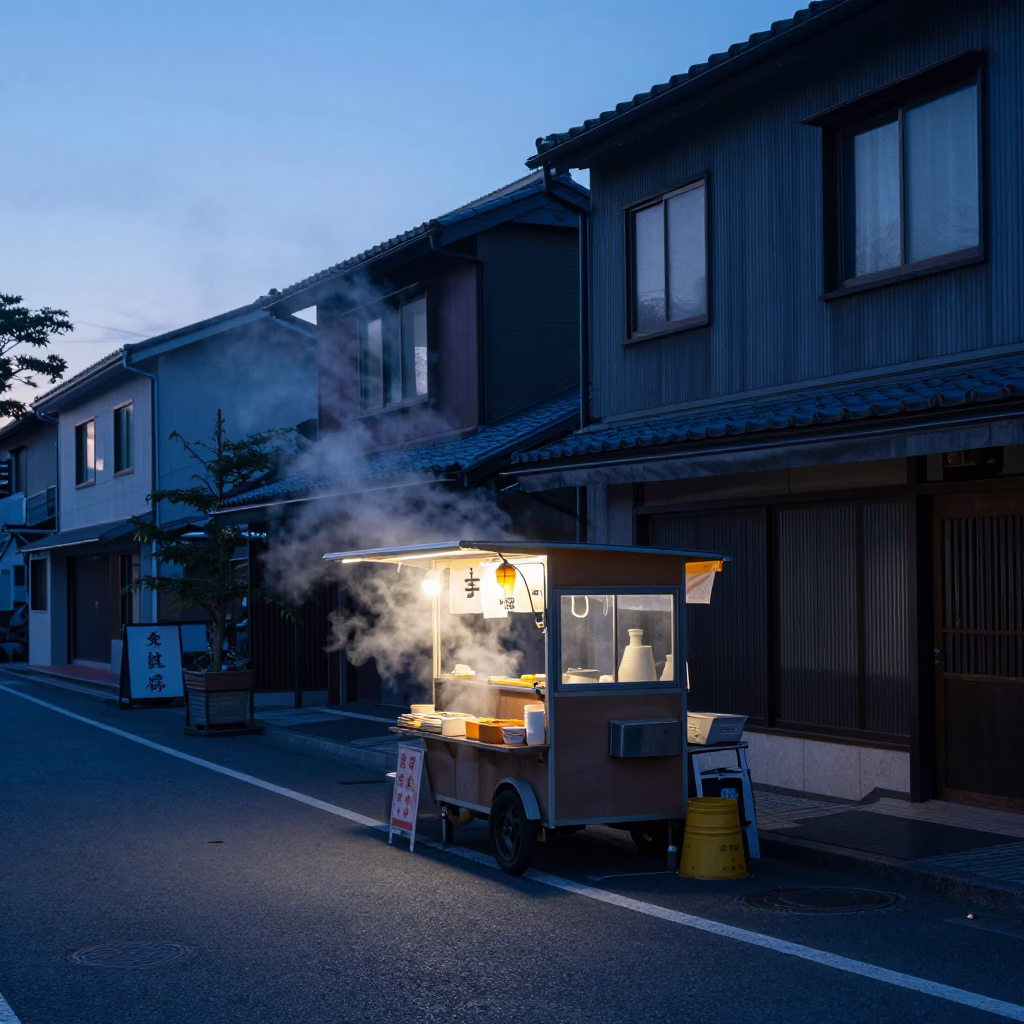 Sapporo Pre-Dawn Street Scene with Local Food Stall and Urban Infrastructure in in Sapporo, Japan