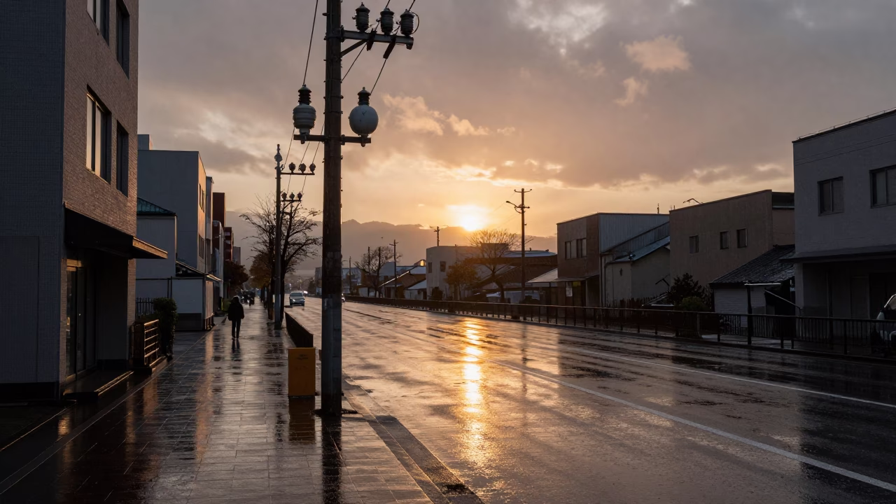 Sapporo Rain-Slicked Street at As The Sun Drops Toward The Horizon in in Sapporo, Japan