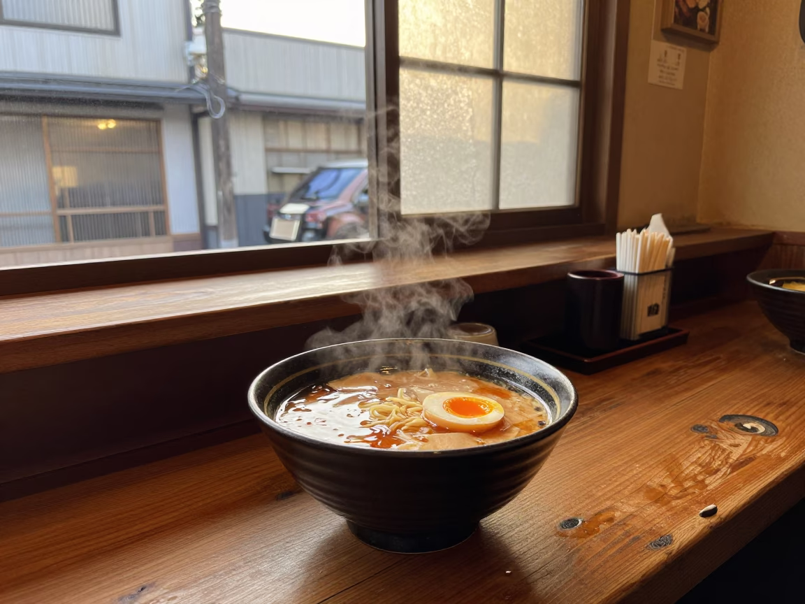 Sapporo Ramen Shop Interior with Soft-Boiled Egg in Honeyed Evening Light in in Sapporo, Japan
