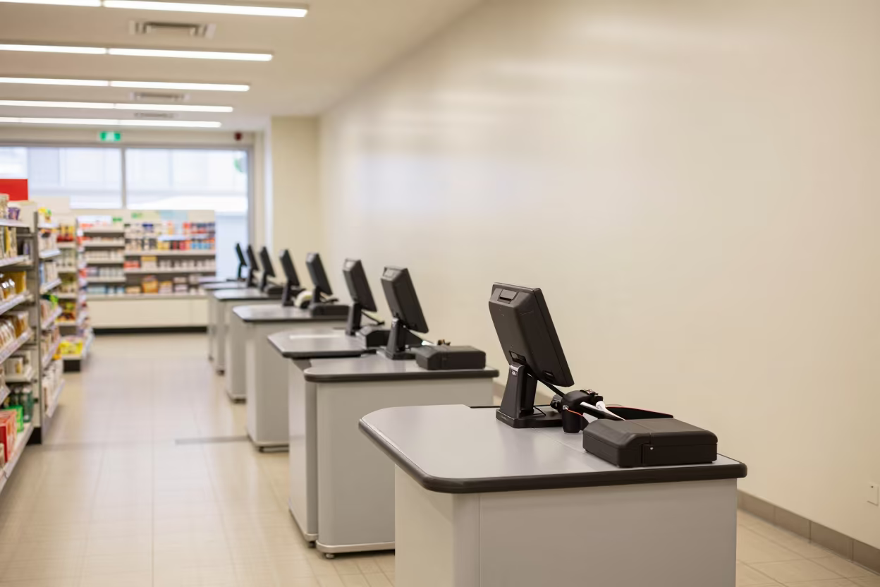 Sapporo Retail Cash Wrap Pen Chain Base in at a checkout lane under flat store light near Sapporo