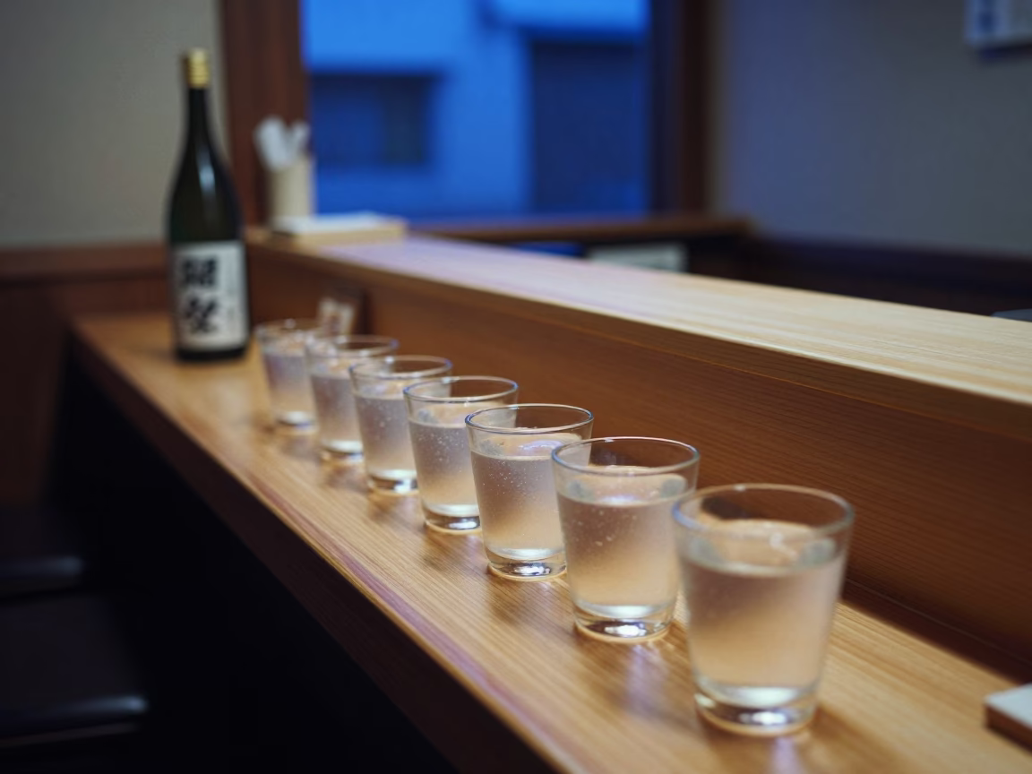Sapporo Sake Bar Evening Scene with Glass Tumblers and Condensation Rings in in Sapporo, Japan