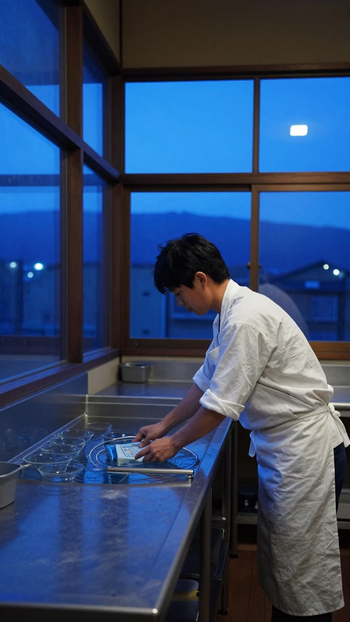 Sapporo Sake Brewery Worker Cleaning Glass Sill in Indigo Twilight with Steam in in Sapporo, Japan