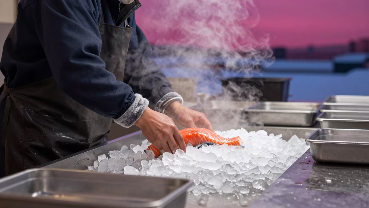 Sapporo Salmon Scaling at Magenta Dawn in beside a fish counter in Sapporo
