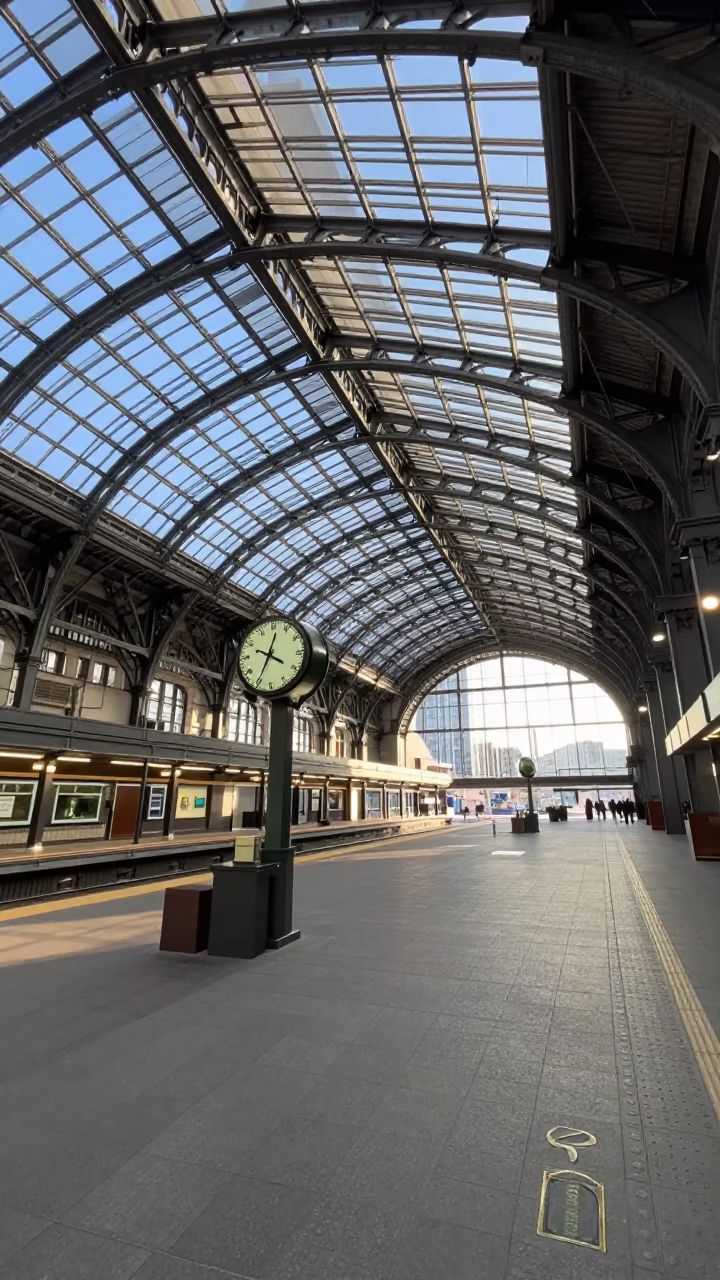 Sapporo Station Clock Under Iron Roof in Clear Late Afternoon Light in in Sapporo, Japan