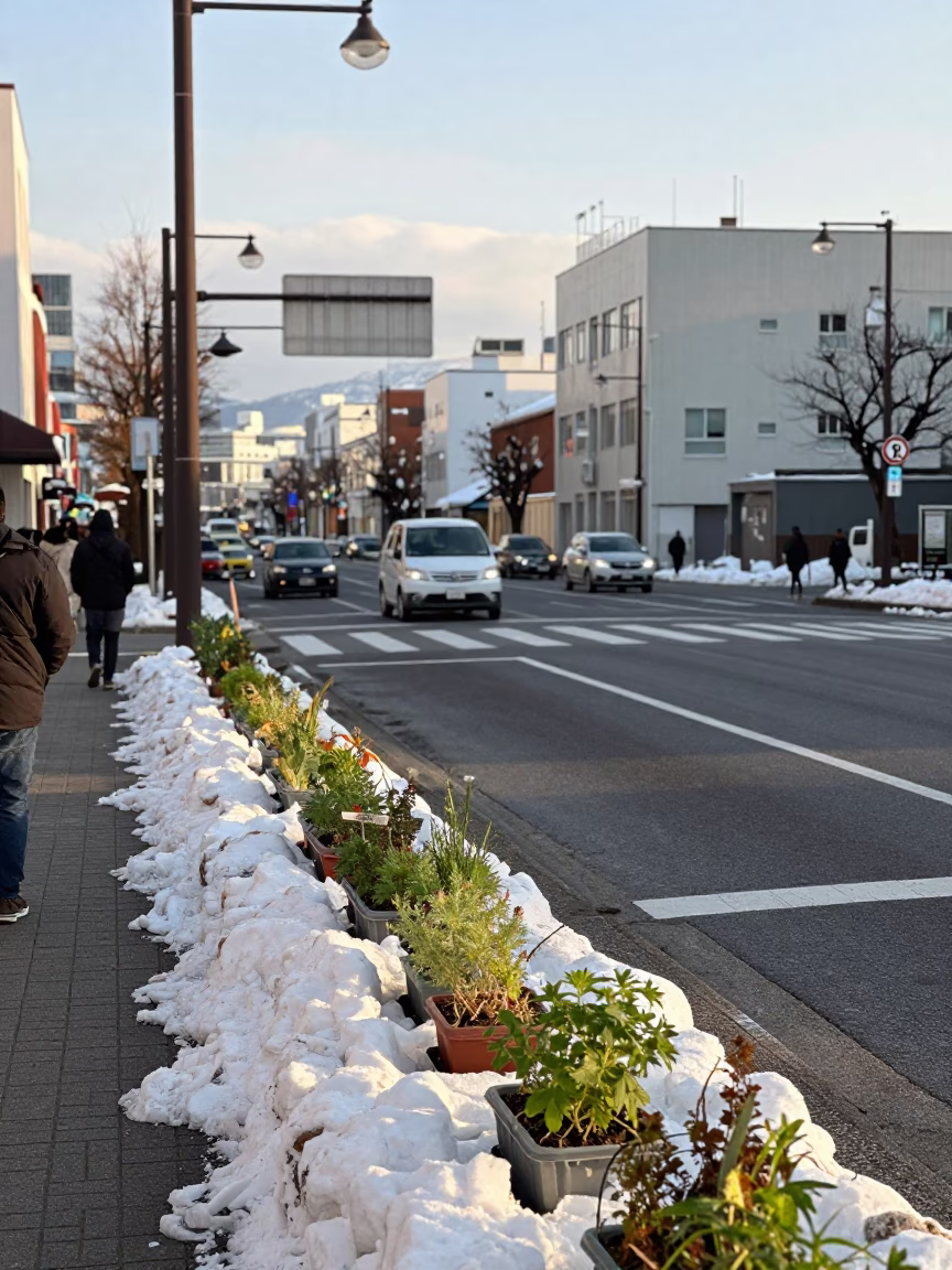 Sapporo Street Corner at Clear Late-afternoon Light in in Sapporo, Japan