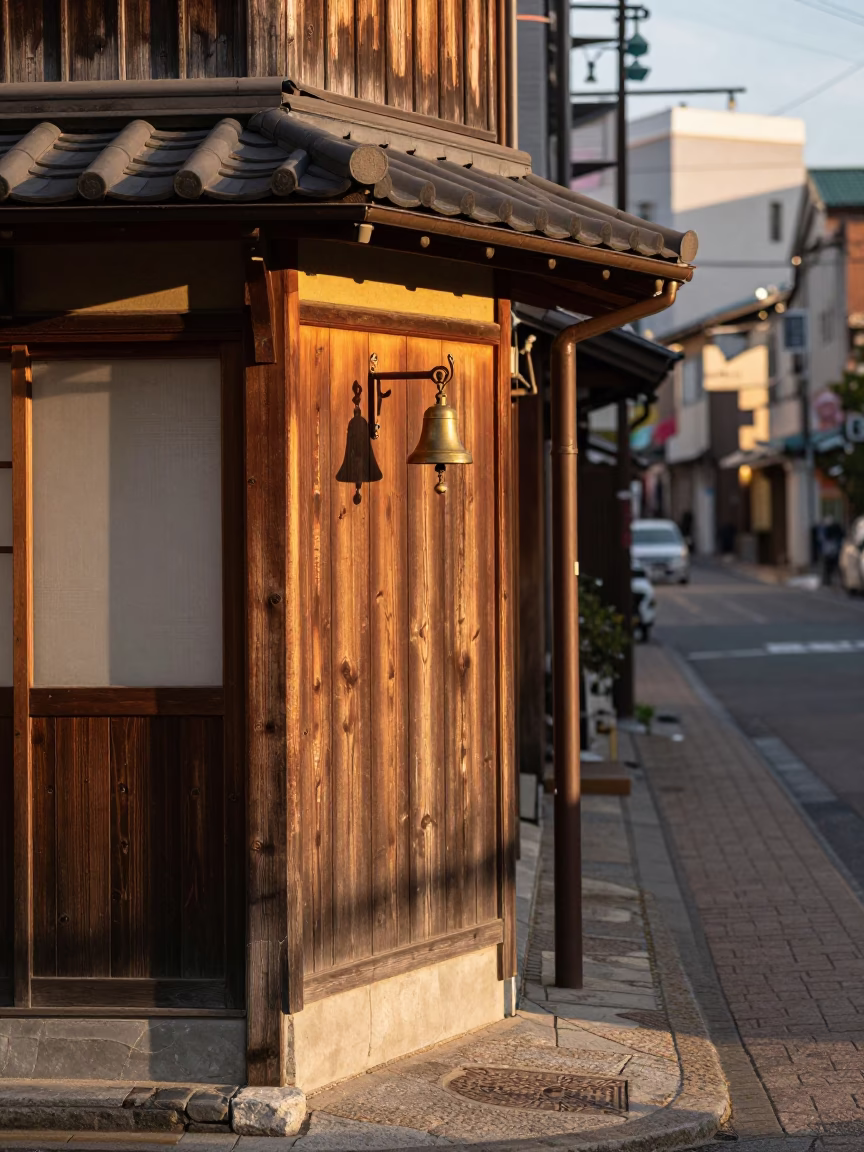 Sapporo street corner with bell and coat hook in honeyed evening light in in Sapporo, Japan