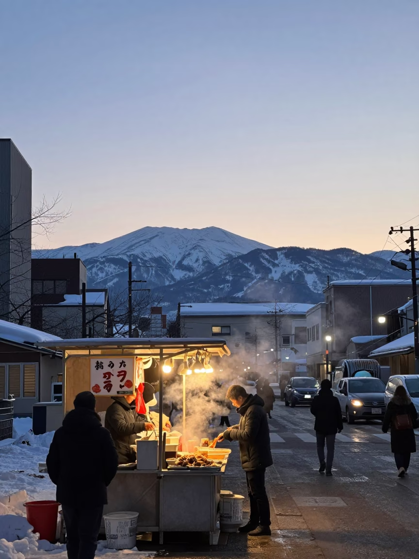 Sapporo street food stall at dusk with steam and city lights in in Sapporo, Japan