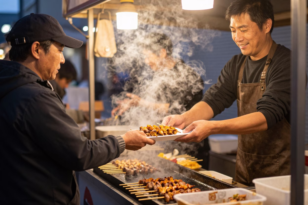 Sapporo Street Food Stall Evening with Suya Skewers and Condensation on Wall in in Sapporo, Japan