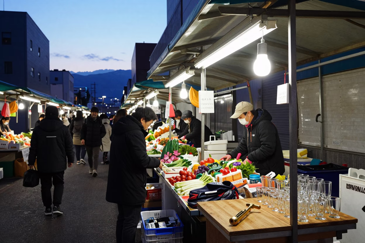 Sapporo Street Market at Nautical Dawn Light in in Sapporo, Japan