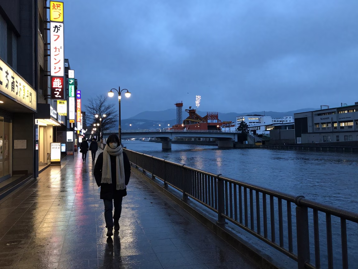 Sapporo Street Scene at Blue Hour with Scarf and Bridge Construction Sparks in in Sapporo, Japan