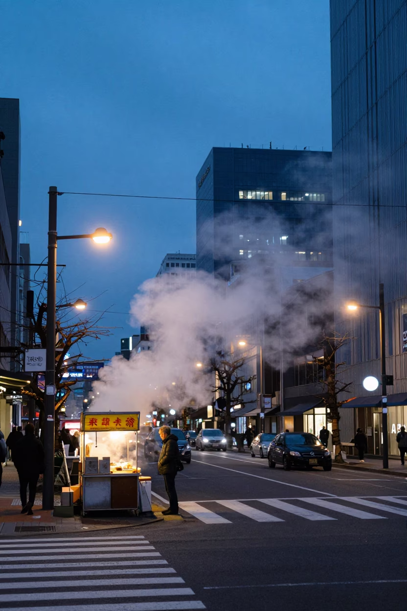 Sapporo Street Scene at Blue Hour with Steam Haze and Local Urban Life in in Sapporo, Japan
