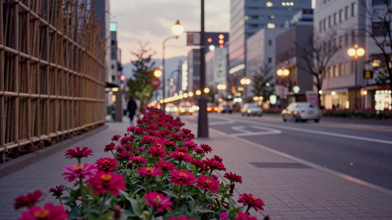 Sapporo Street Scene at Dusk with Bamboo Scaffolding and Orange Zinnias in in Sapporo, Japan