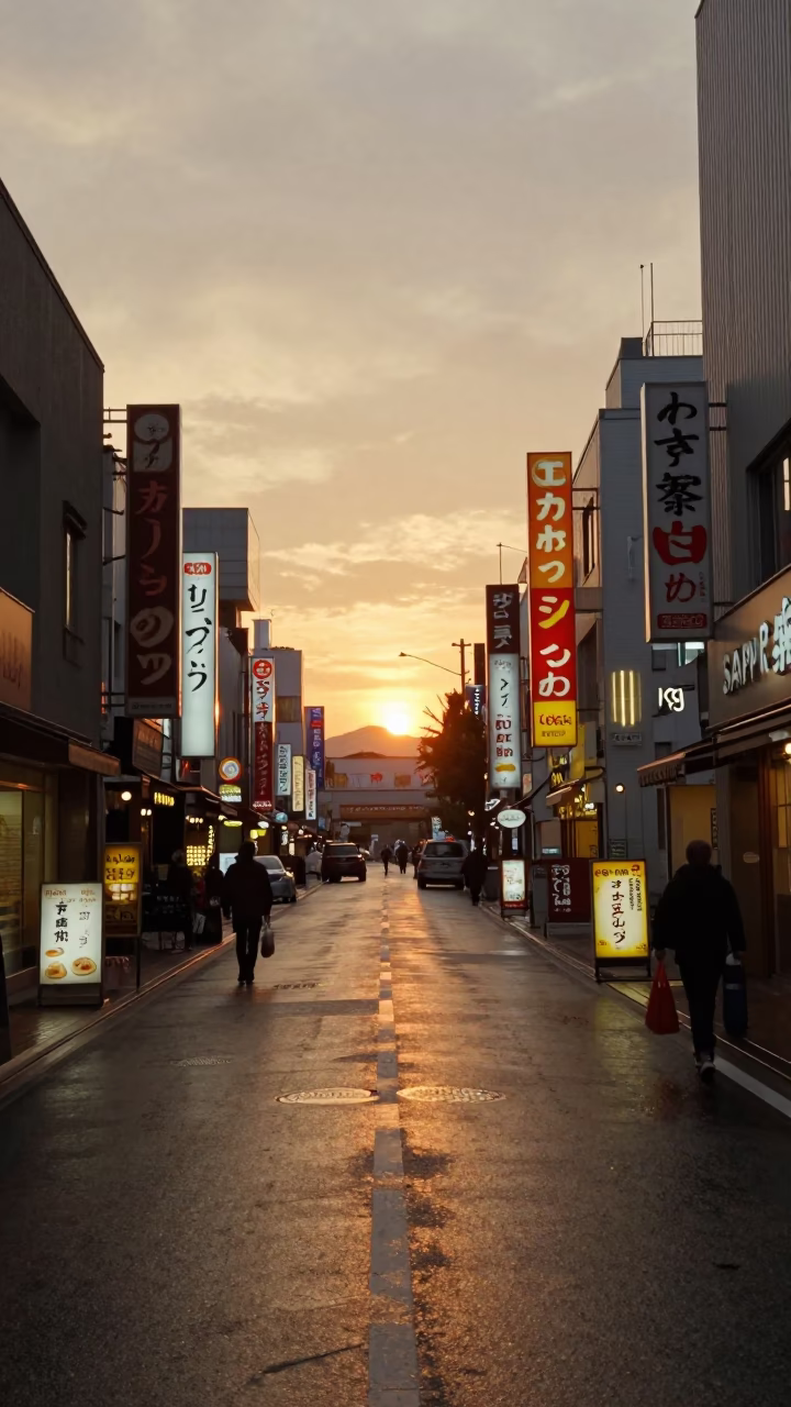 Sapporo Street Scene at Dusk with Char Siu Bao Steam and Snowmobiles in Hokkaido in in Sapporo, Japan