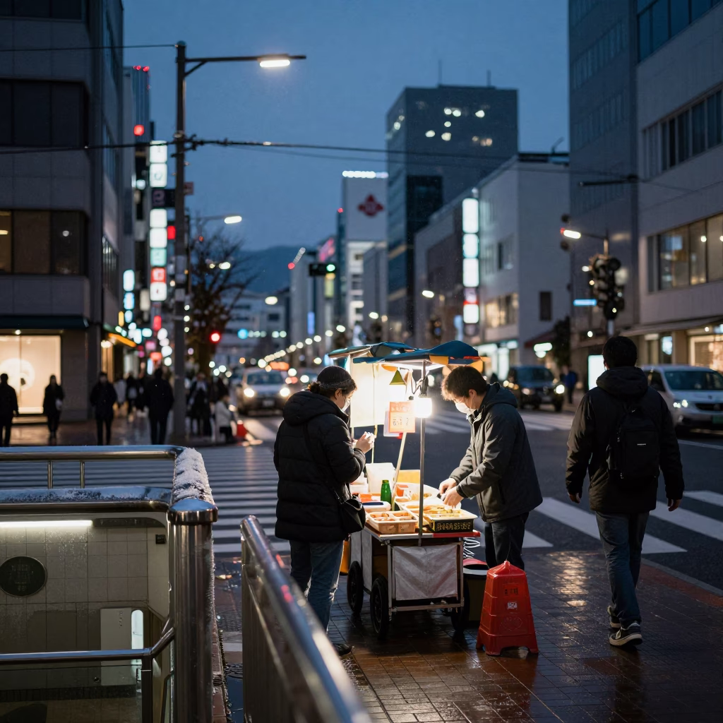 Sapporo Street Scene at Dusk with Condensation on Metal Rail and Fruit Crate in in Sapporo, Japan