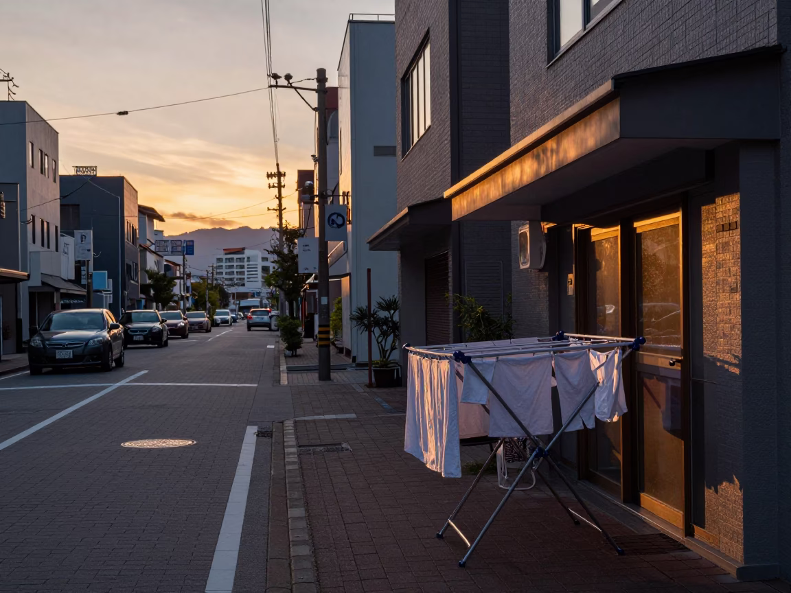 Sapporo Street Scene at Dusk with Drying Rack and Coaster in in Sapporo, Japan