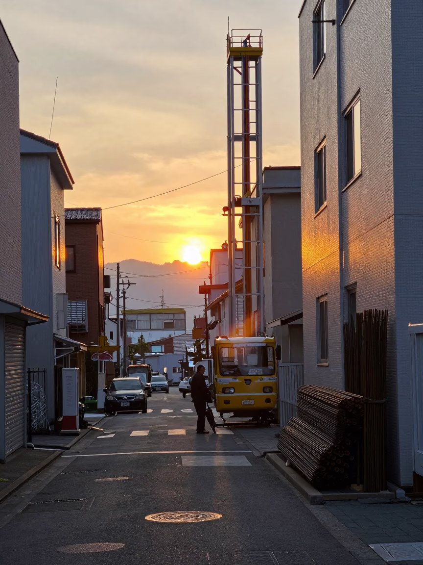 Sapporo Street Scene at Dusk with Shoe Brush and Construction Rebar in in Sapporo, Japan