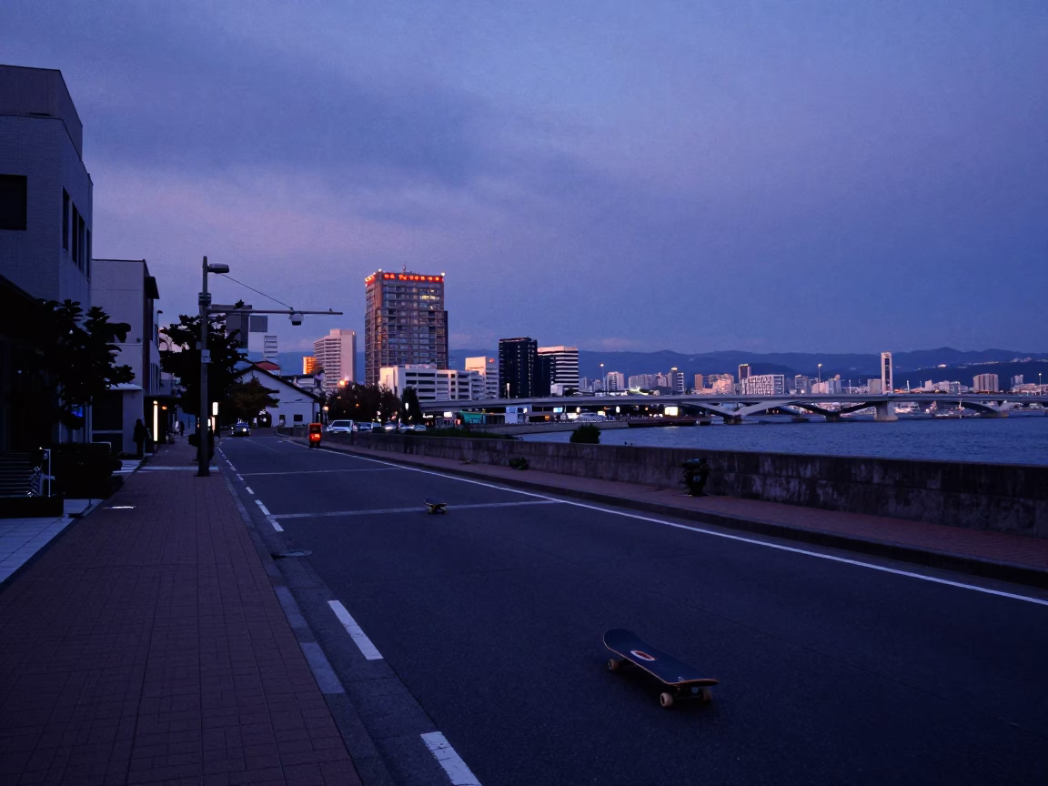 Sapporo Street Scene at Nautical Dawn with Skateboard and Rake Head in in Sapporo, Japan