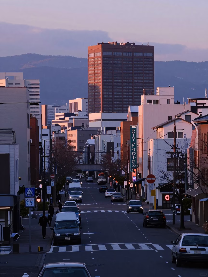 Sapporo street scene at nautical dawn with vintage 1970s aesthetics and local morning routine in in Sapporo, Japan
