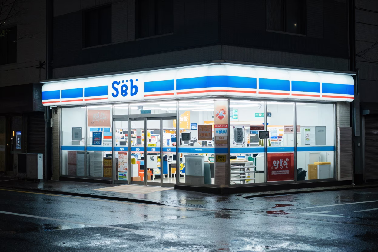 Sapporo Street Scene at Night with Convenience Store Glass and Urban Reflections in in Sapporo, Japan