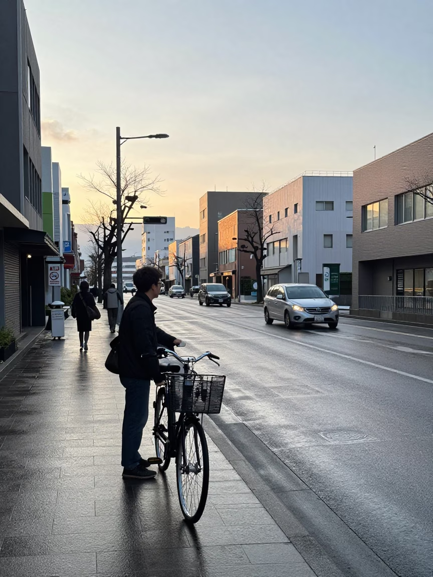 Sapporo Street Scene at Sunrise with Bicycle Basket and Steam Haze in in Sapporo, Japan