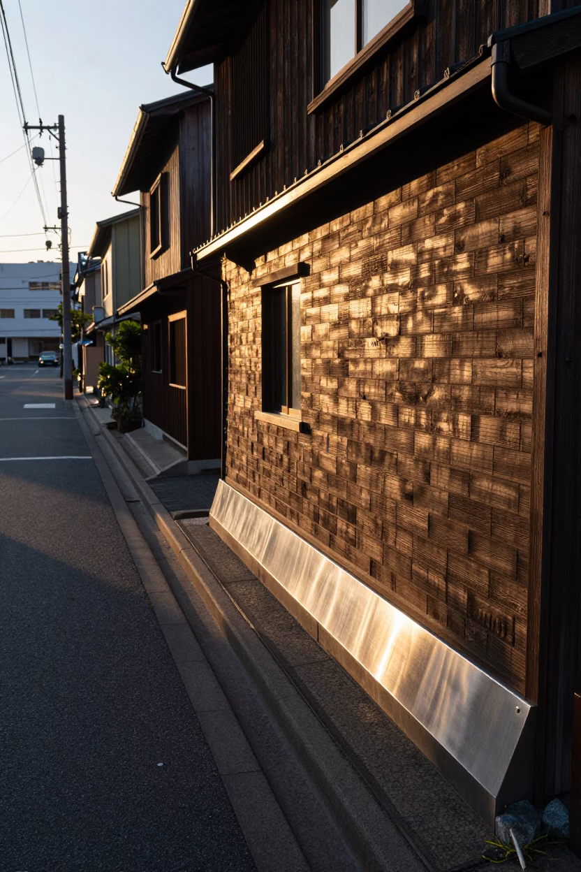 Sapporo Street Scene at Sunset with Brushed Steel Sill and Bonsai Juniper in in Sapporo, Japan