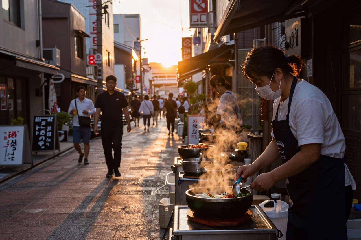 Sapporo street scene at sunset with dolsot bibimbap and rusted bench in in Sapporo, Japan