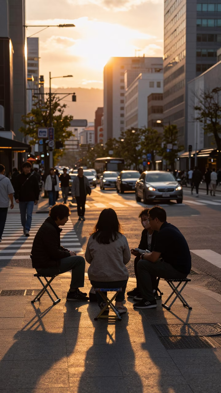 Sapporo Street Scene at Sunset with Folding Stools and Substation Fence in in Sapporo, Japan