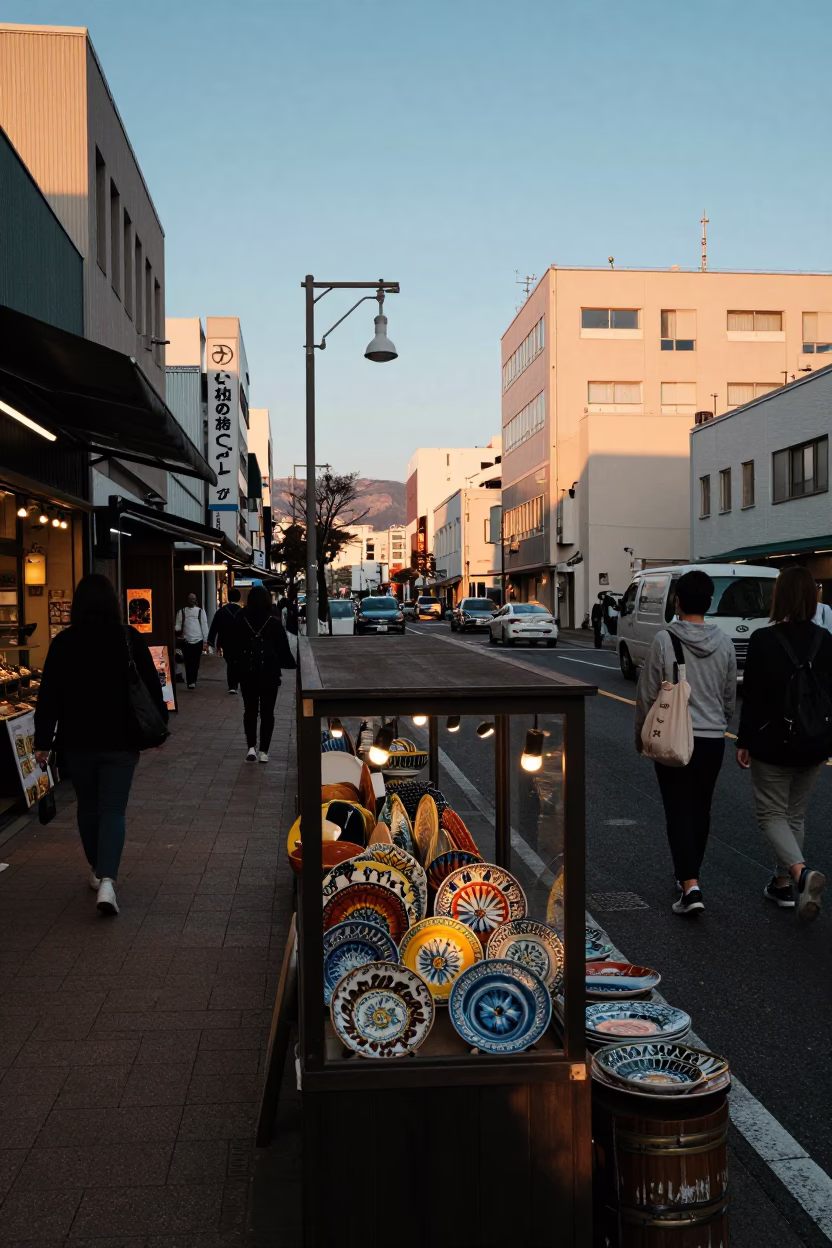 Sapporo Street Scene at Sunset with Local Shop Display and Pedestrians in in Sapporo, Japan