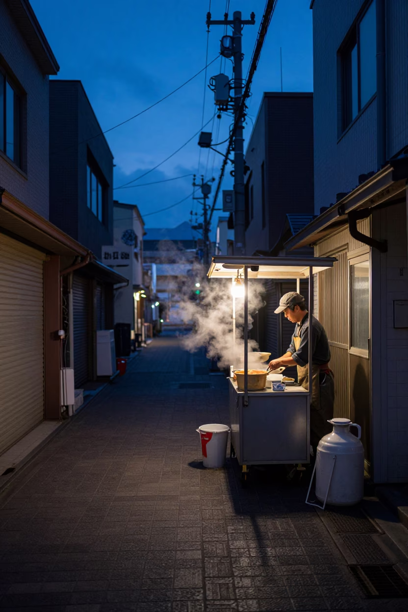 Sapporo Street Scene Before Dawn with Mixing Jug and Tongs in in Sapporo, Japan