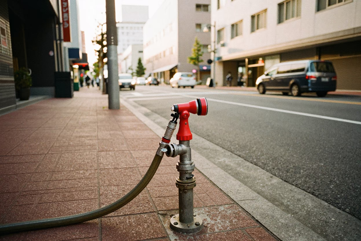 Sapporo Street Scene Early Afternoon with Hose Nozzle and Local Life in in Sapporo, Japan