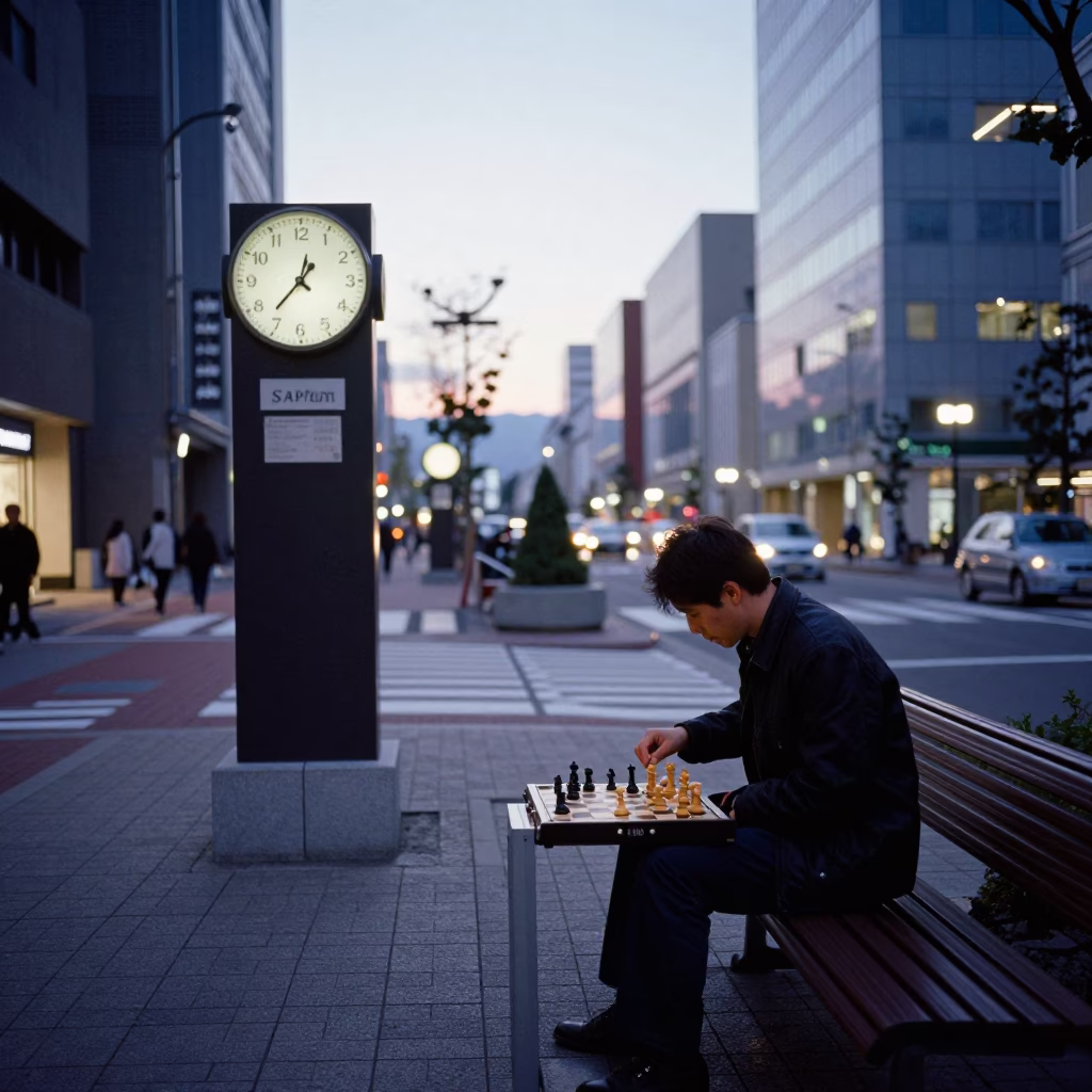 Sapporo Street Scene Early Evening with Chess Clock and Brushed Steel in in Sapporo, Japan