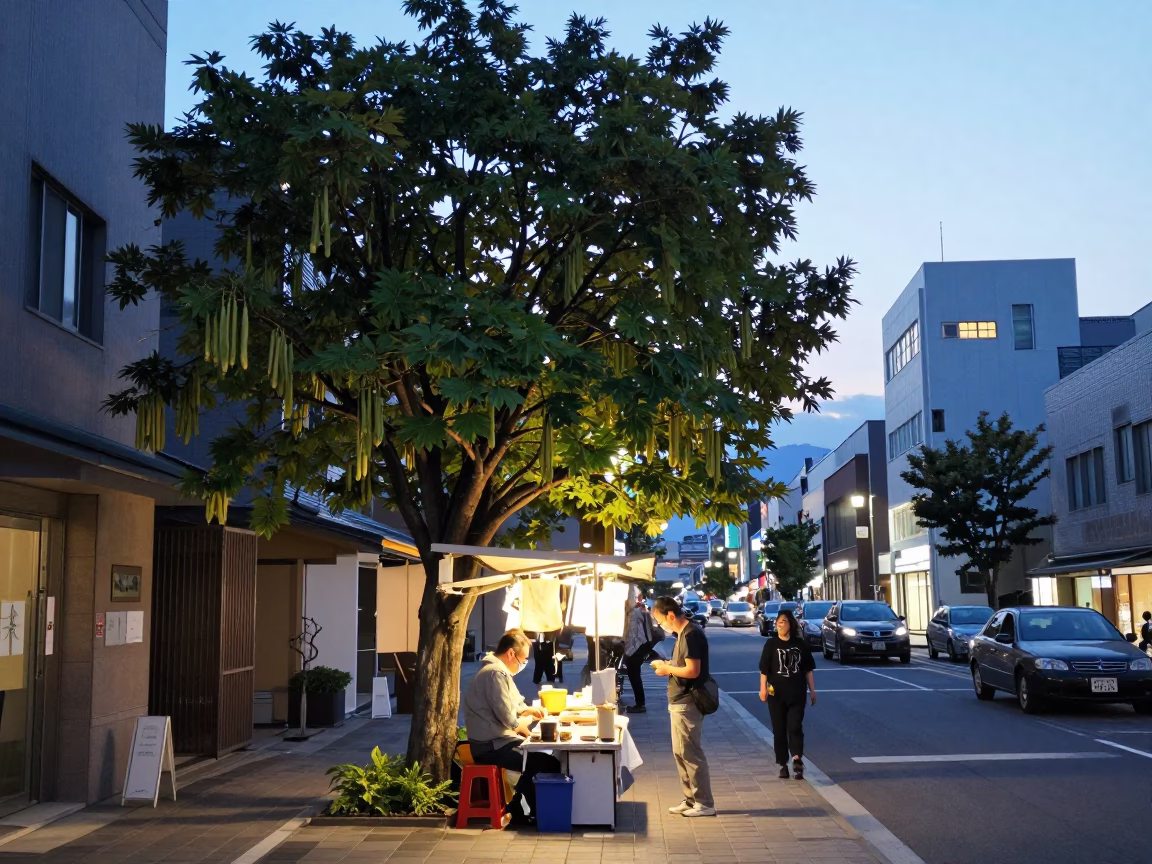 Sapporo Street Scene Early Evening with Tamarind Tree and Colander in in Sapporo, Japan