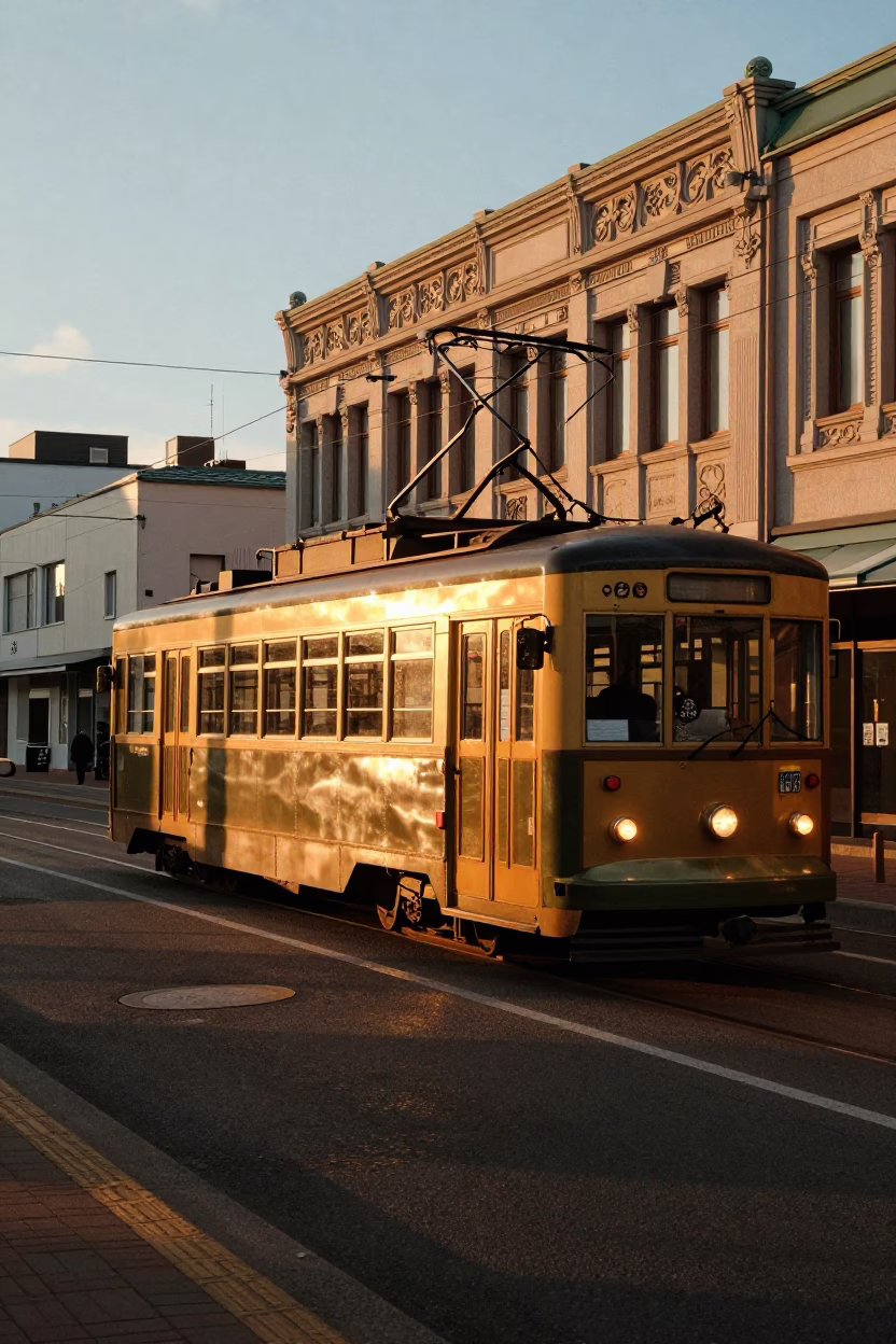 Sapporo Street Scene Evening Light with Tram and Local Food Vendor in in Sapporo, Japan