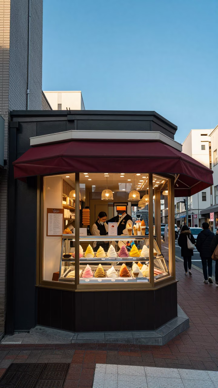 Sapporo Street Scene Gelato Shop Window Display Late Afternoon Light in in Sapporo, Japan