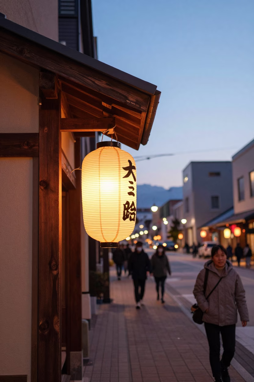 Sapporo street scene in copper dusk light with traditional lantern and gate handle details in in Sapporo, Japan