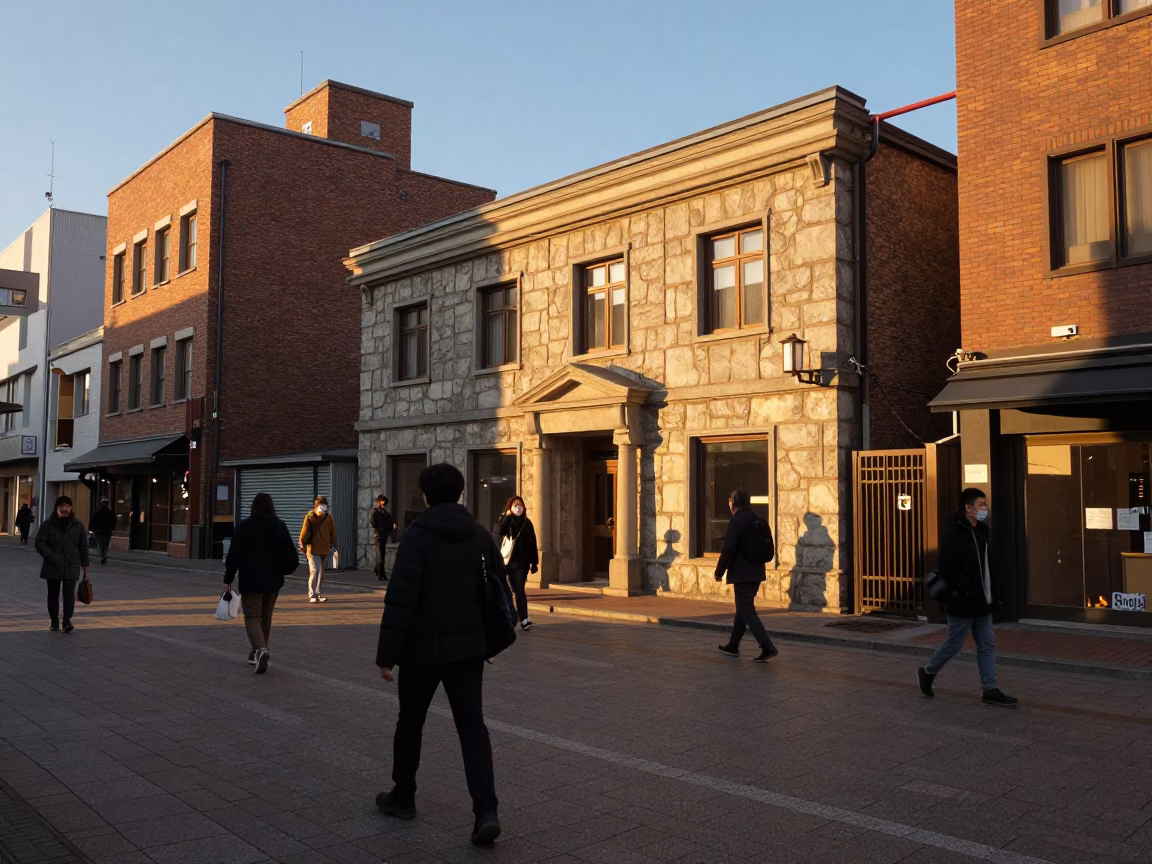 Sapporo street scene in honeyed evening light with pedestrians and urban architecture in in Sapporo, Japan
