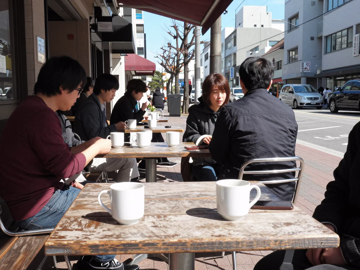 Sapporo Street Scene Midday with Coffee Mugs and Local Architecture in in Sapporo, Japan