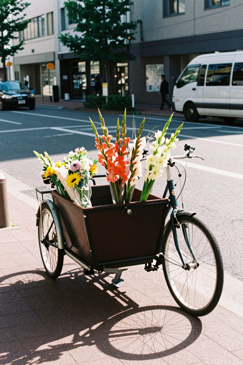 Sapporo Street Scene Midmorning Light with Cargo Bicycle and Flower Vendor in in Sapporo, Japan