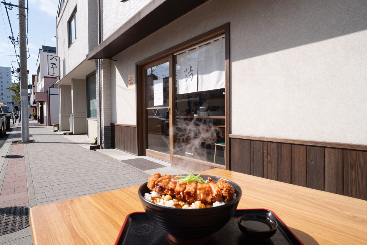 Sapporo Street Scene Midmorning Light with Katsudon and Linen Napkin in in Sapporo, Japan