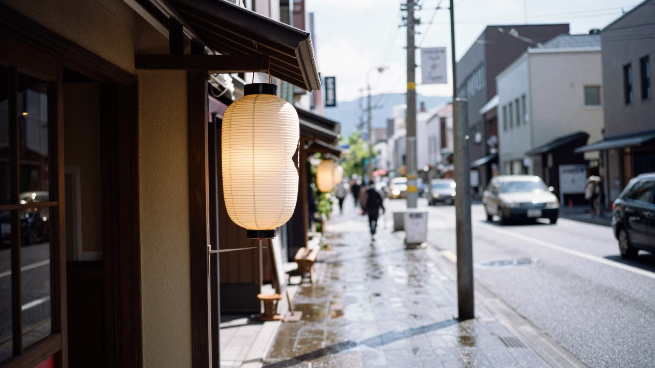 Sapporo Street Scene Under Noon Sun with Lantern and Tea Stains in in Sapporo, Japan