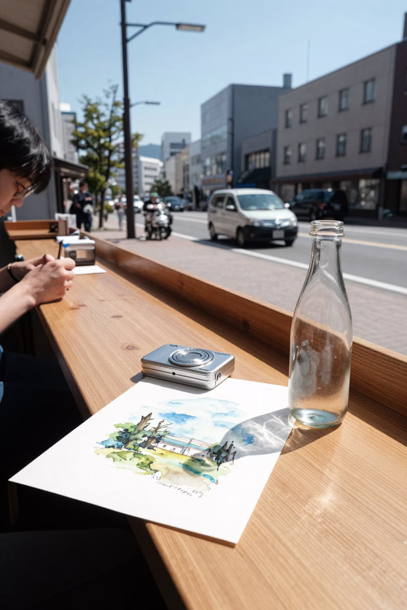 Sapporo Street Scene Under Noon Sun With Watercolor Tin And Bottle in in Sapporo, Japan