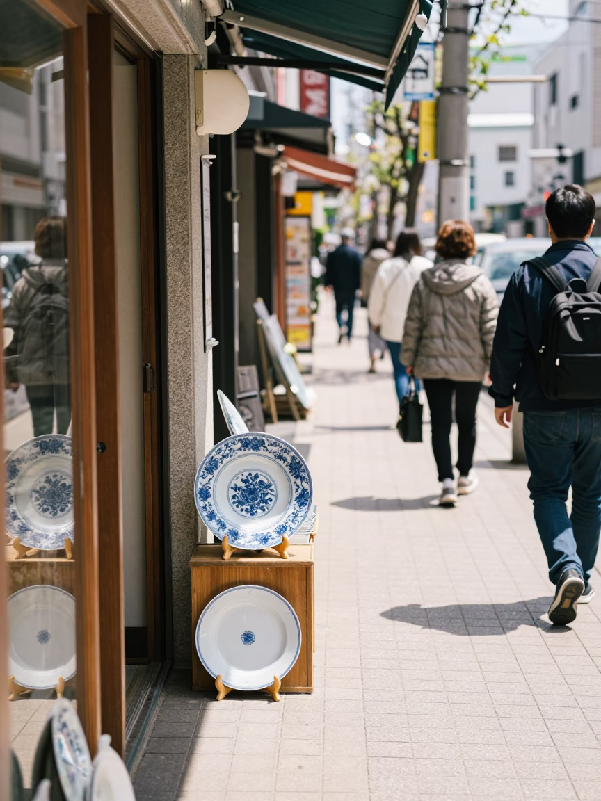 Sapporo Street Scene with Blue and White Porcelain Plate and Potted Succulents at Midday in in Sapporo, Japan