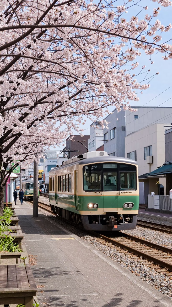 Sapporo Street Scene with Cherry Blossom Branch and Narrow Gauge Train in in Sapporo, Japan