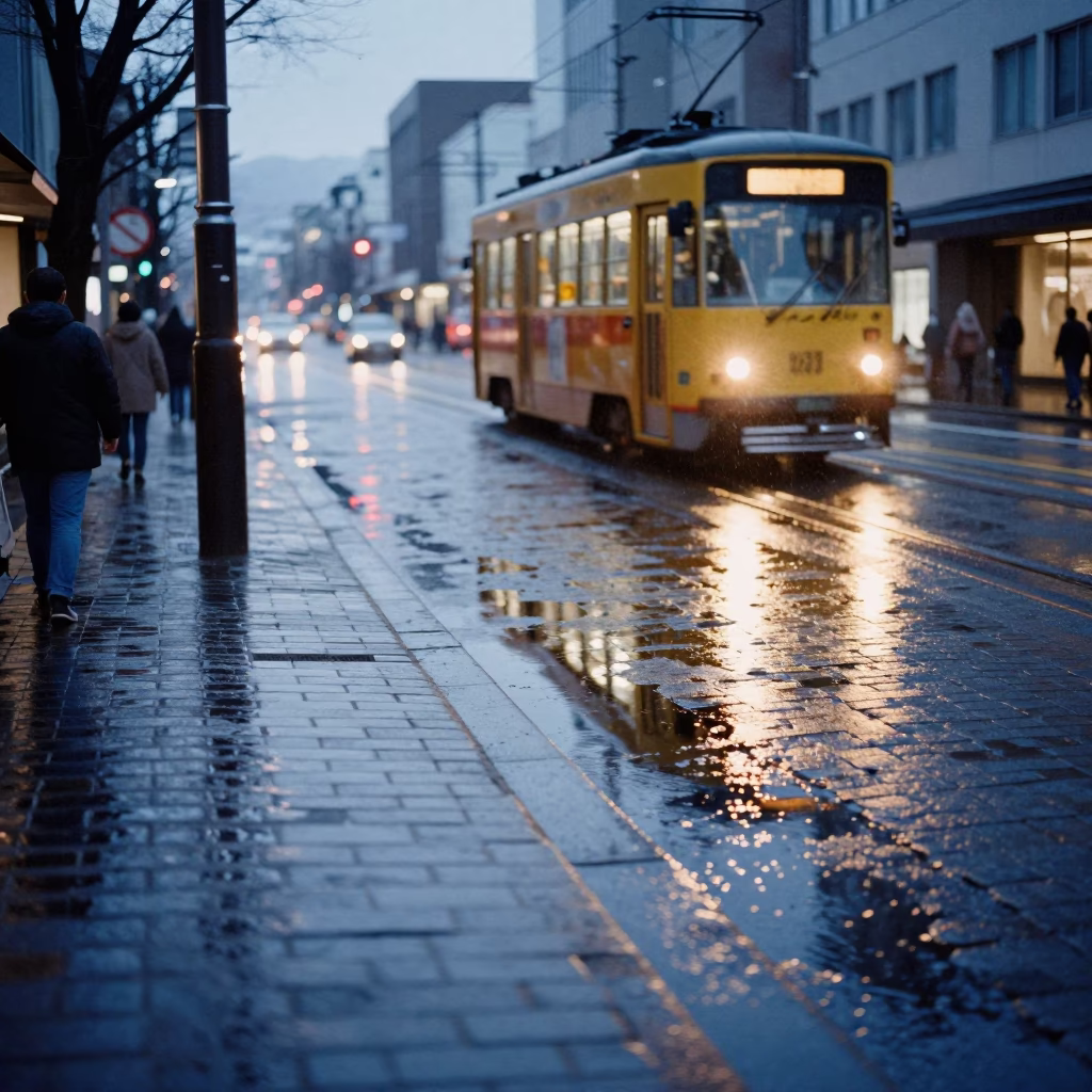 Sapporo Street Scene with Tram Reflection in Rain at Dusk in in Sapporo, Japan