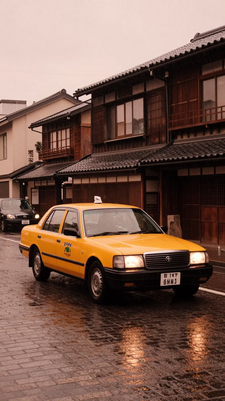 Sapporo street scene with yellow taxi in rain before dusk in in Sapporo, Japan