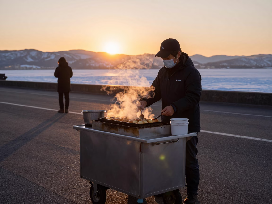 Sapporo Street Vendor Serving Hot Takoyaki at Sunset with Steam and Paper Lanterns in in Sapporo, Japan