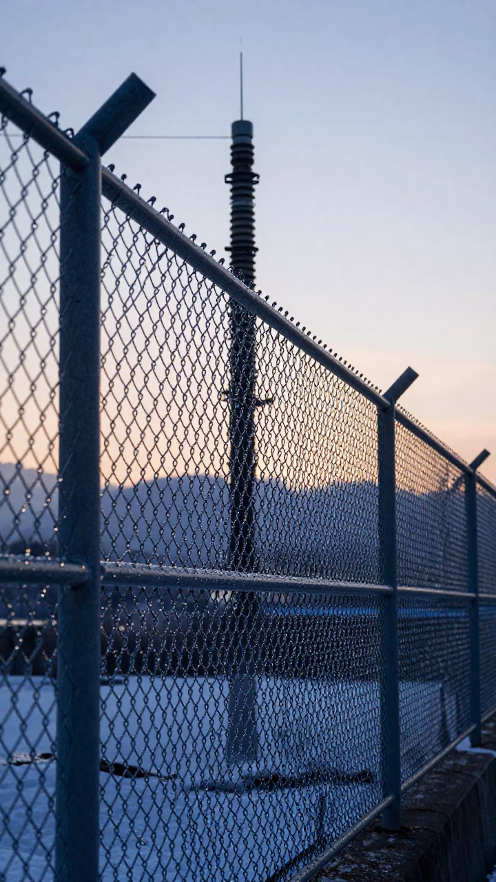 Sapporo Substation Fence Beaded With Dew Before Sunrise in in Sapporo, Japan
